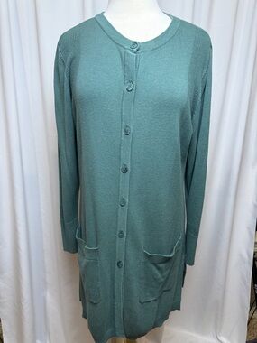 Isaac Mizrahi Live! Dark Teal Green Open-Front Long Cardigan, Medium